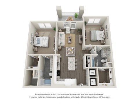 Floor plan for 2 beds, 2 baths, 1223 sqft